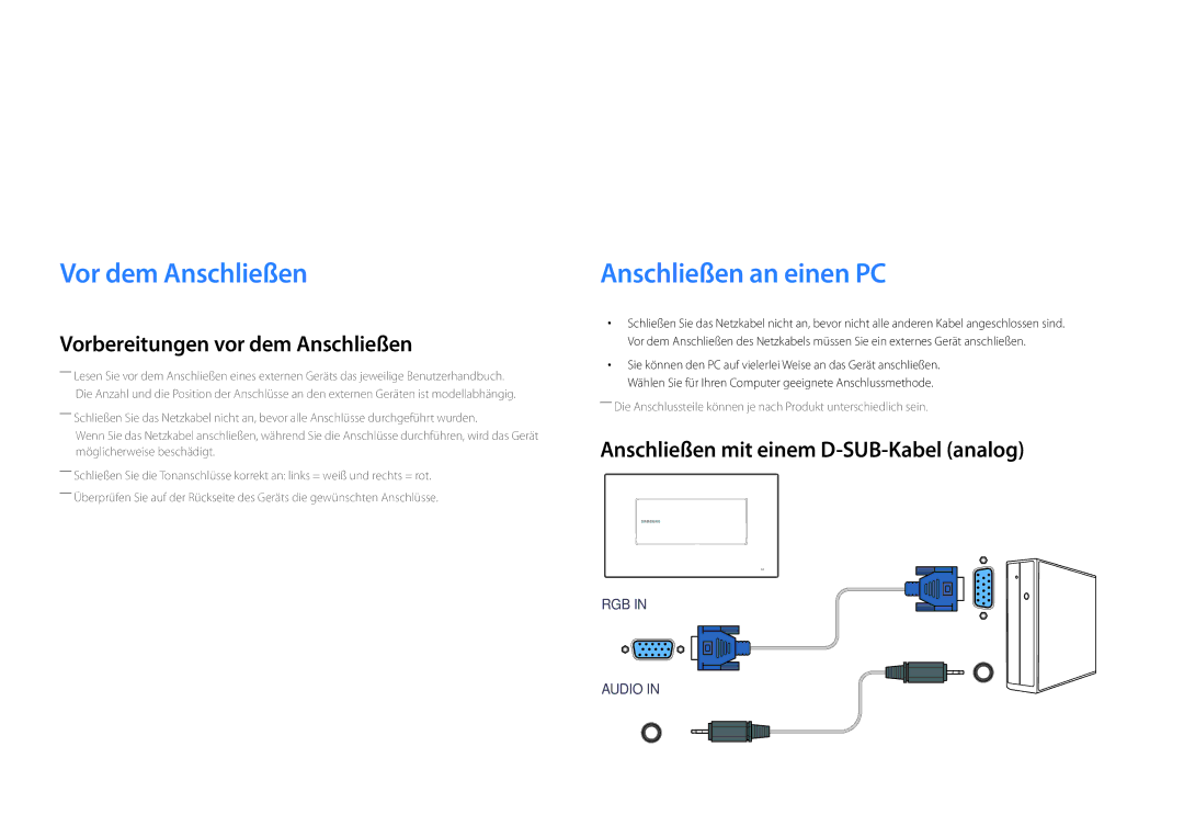 Samsung LH22DBDPLGC/EN manual Anschließen und Verwenden eines externen Geräts, Vor dem Anschließen, Anschließen an einen PC 