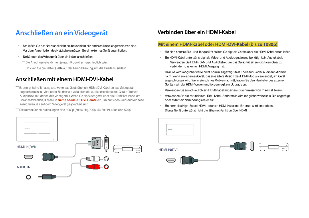 Samsung LH22DBDPLGC/EN manual Anschließen an ein Videogerät, Verbinden über ein HDMI-Kabel 