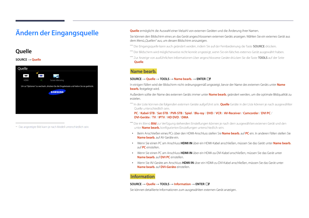 Samsung LH22DBDPLGC/EN manual Ändern der Eingangsquelle, Quelle, Name bearb, Information 