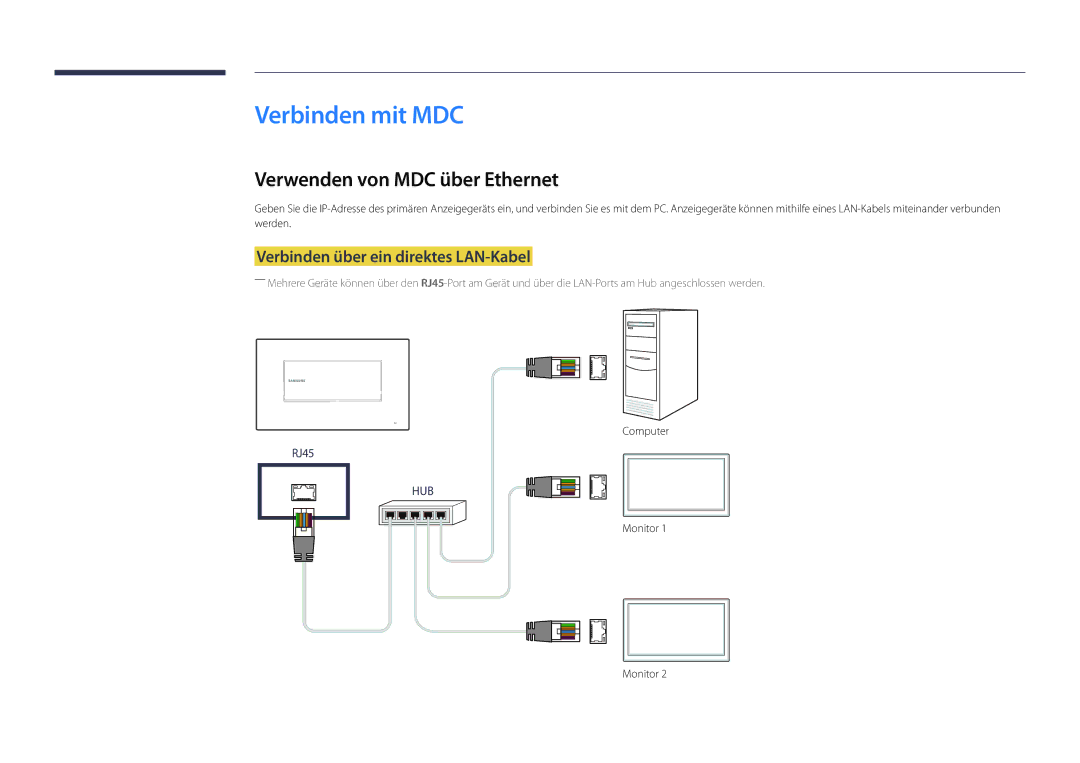 Samsung LH22DBDPLGC/EN Verbinden mit MDC, Verwenden von MDC über Ethernet, Verbinden über ein direktes LAN-Kabel, Computer 