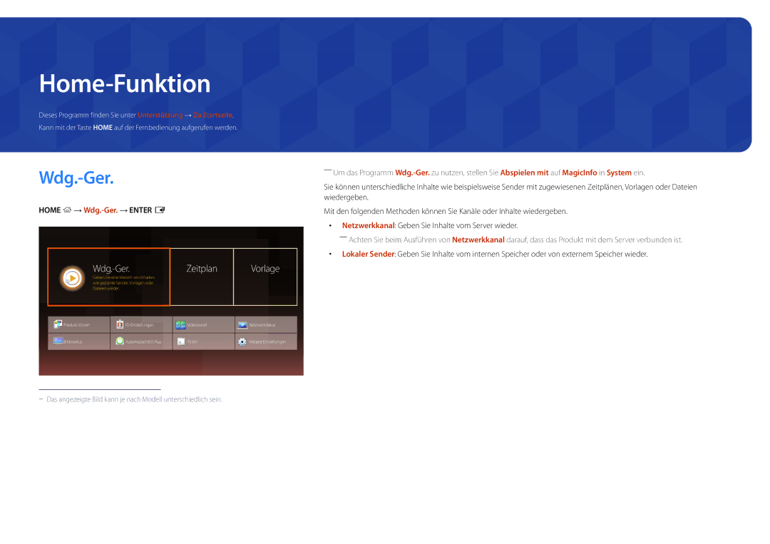 Samsung LH22DBDPLGC/EN manual Home-Funktion, Ger Zeitplan, Home → Wdg.-Ger.→ Enter E 