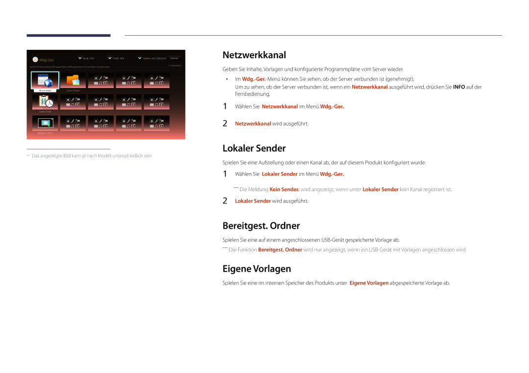 Samsung LH22DBDPLGC/EN manual Netzwerkkanal, Lokaler Sender, Bereitgest. Ordner, Eigene Vorlagen 