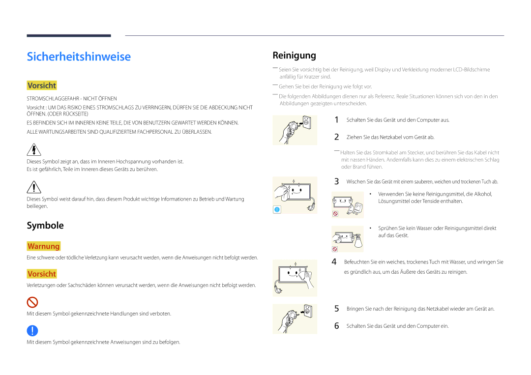 Samsung LH22DBDPLGC/EN manual Sicherheitshinweise, Symbole, Reinigung, Vorsicht 