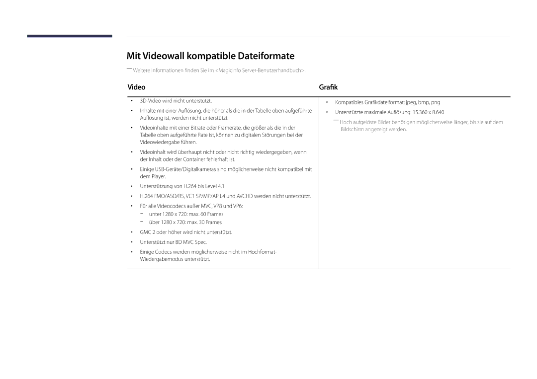 Samsung LH22DBDPLGC/EN manual Mit Videowall kompatible Dateiformate 