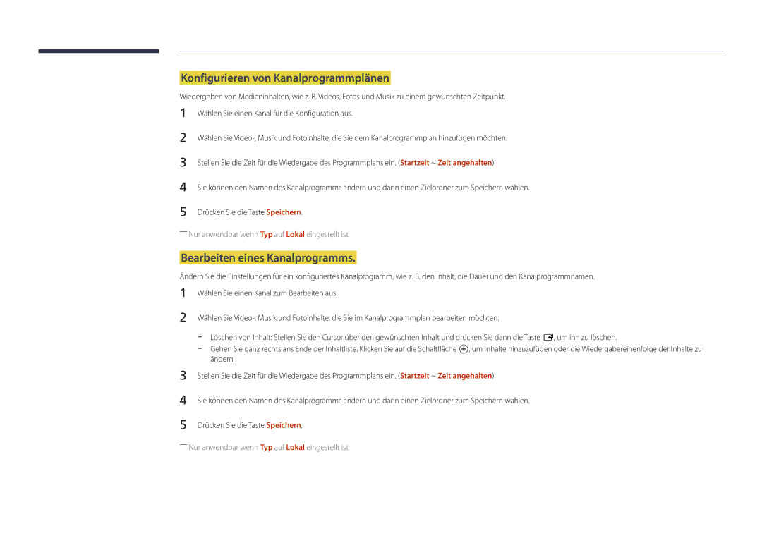 Samsung LH22DBDPLGC/EN manual Konfigurieren von Kanalprogrammplänen, Bearbeiten eines Kanalprogramms 