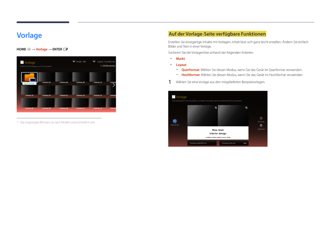 Samsung LH22DBDPLGC/EN manual Auf der Vorlage-Seite verfügbare Funktionen, Home → Vorlage → Enter E, Markt, Layout 