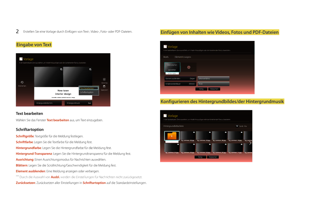 Samsung LH22DBDPLGC/EN manual Eingabe von Text, Konfigurieren des Hintergrundbildes/der Hintergrundmusik 