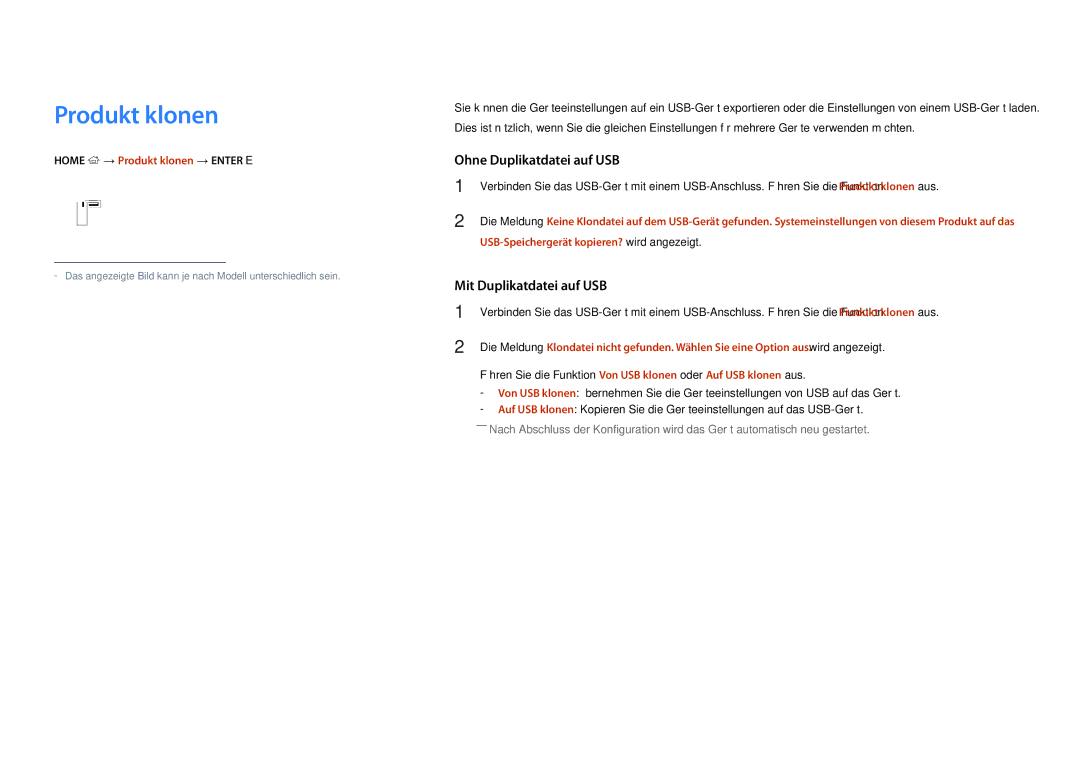 Samsung LH22DBDPLGC/EN manual Home → Produkt klonen → Enter E, USB-Speichergerät kopieren? wird angezeigt 