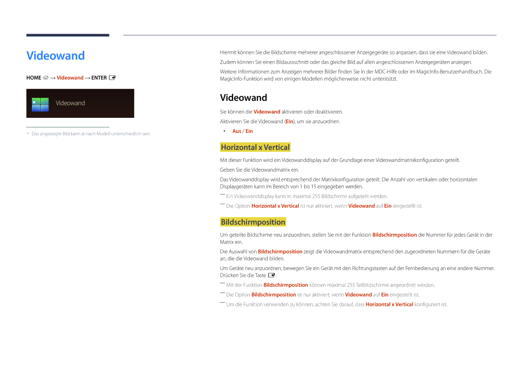 Samsung LH22DBDPLGC/EN manual Videowand, Horizontal x Vertical, Bildschirmposition 