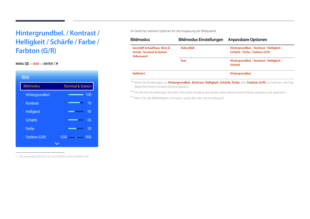 Samsung LH22DBDPLGC/EN manual Bildmodus, Anpassbare Optionen, Menu m → Bild → Enter E 