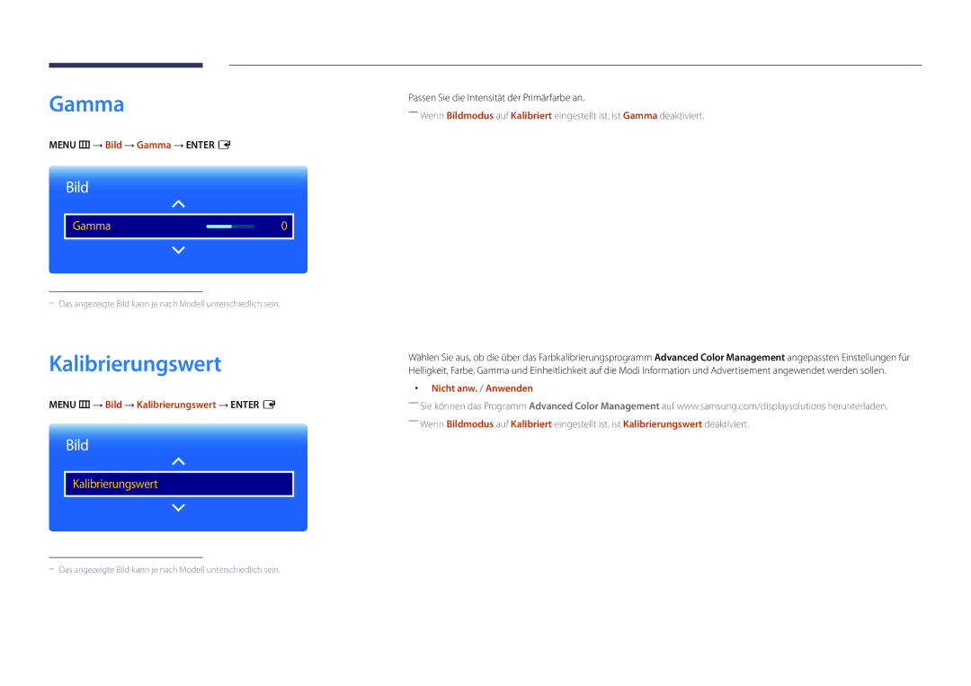 Samsung LH22DBDPLGC/EN manual Menu m → Bild → Gamma → Enter E, Menu m → Bild → Kalibrierungswert → Enter E 