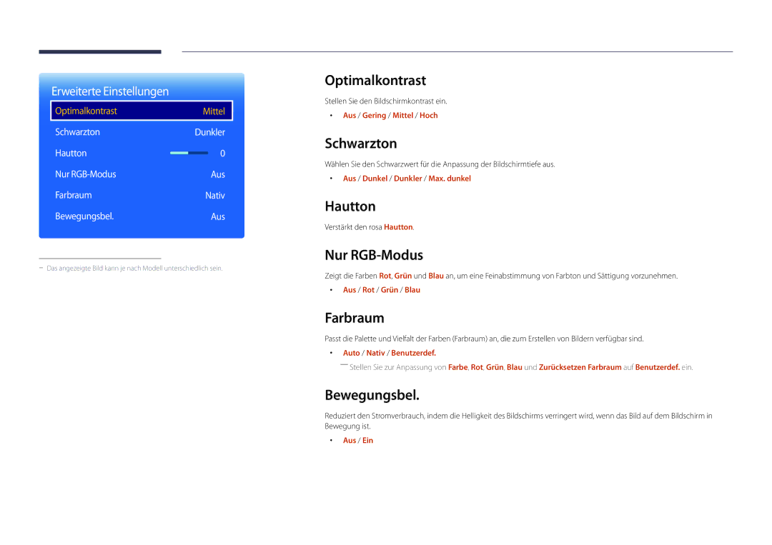 Samsung LH22DBDPLGC/EN manual Optimalkontrast, Schwarzton, Hautton, Nur RGB-Modus, Farbraum, Bewegungsbel 