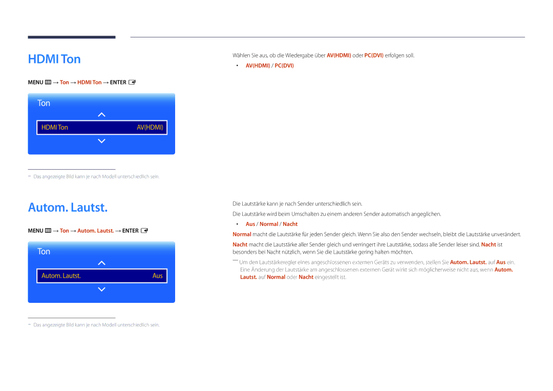 Samsung LH22DBDPLGC/EN manual Menu m → Ton → Hdmi Ton → Enter E, Menu m → Ton → Autom. Lautst. → Enter E 