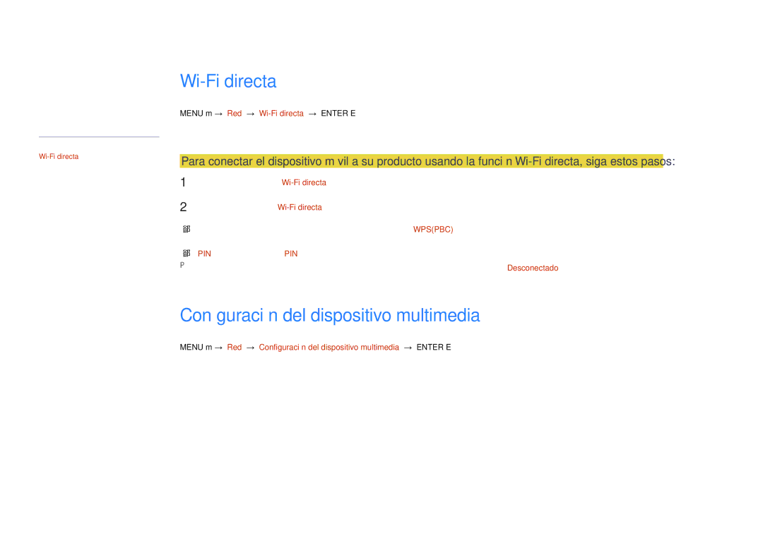 Samsung LH22DBDPLGC/EN manual Configuración del dispositivo multimedia, Menu m → Red → Wi-Fi directa → Enter E 