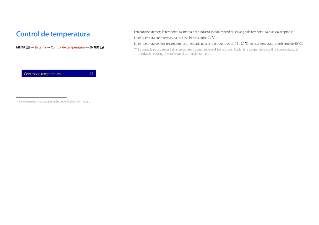 Samsung LH22DBDPLGC/EN manual Menu m → Sistema → Control de temperatura → Enter E 