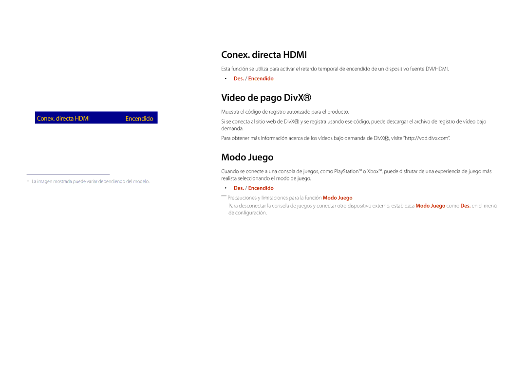 Samsung LH22DBDPLGC/EN manual Conex. directa Hdmi, Video de pago DivX, Modo Juego 