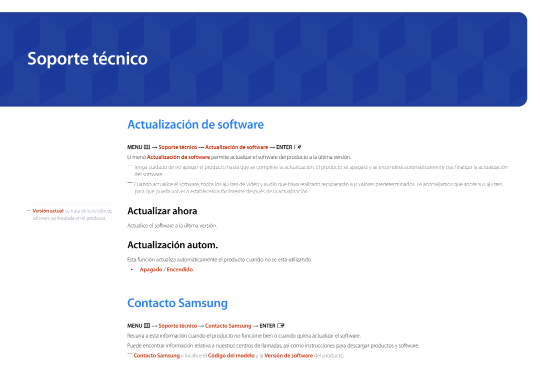 Samsung LH22DBDPLGC/EN Soporte técnico, Actualización de software, Contacto Samsung, Actualizar ahora, Actualización autom 