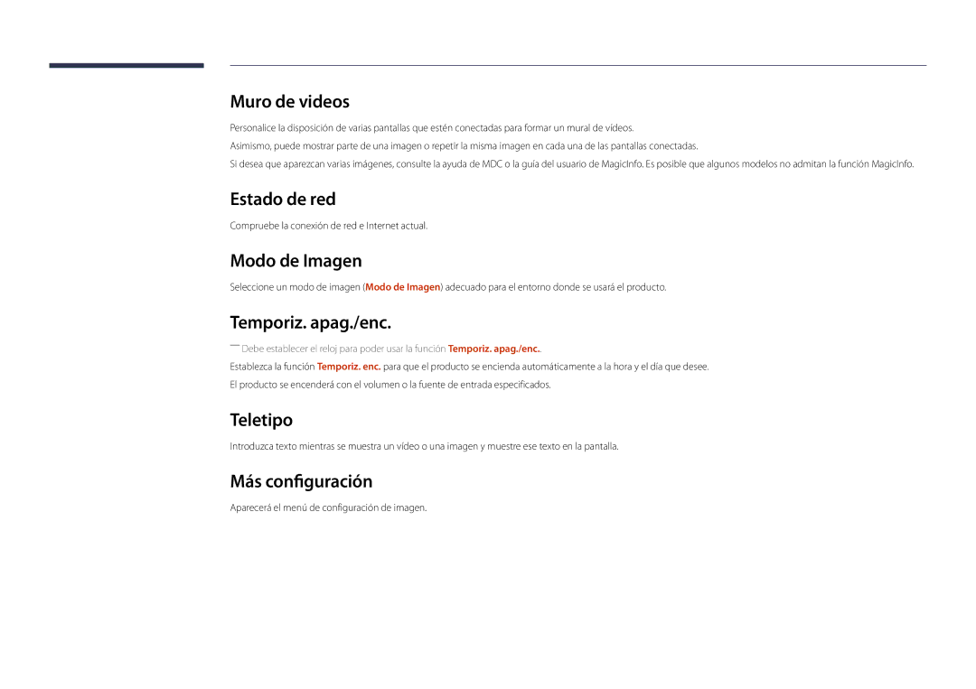 Samsung LH22DBDPLGC/EN manual Estado de red, Modo de Imagen, Temporiz. apag./enc, Teletipo, Más configuración 