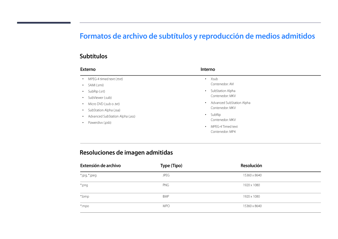 Samsung LH22DBDPLGC/EN Subtítulos, Resoluciones de imagen admitidas, Externo, Extensión de archivo Type Tipo Resolución 