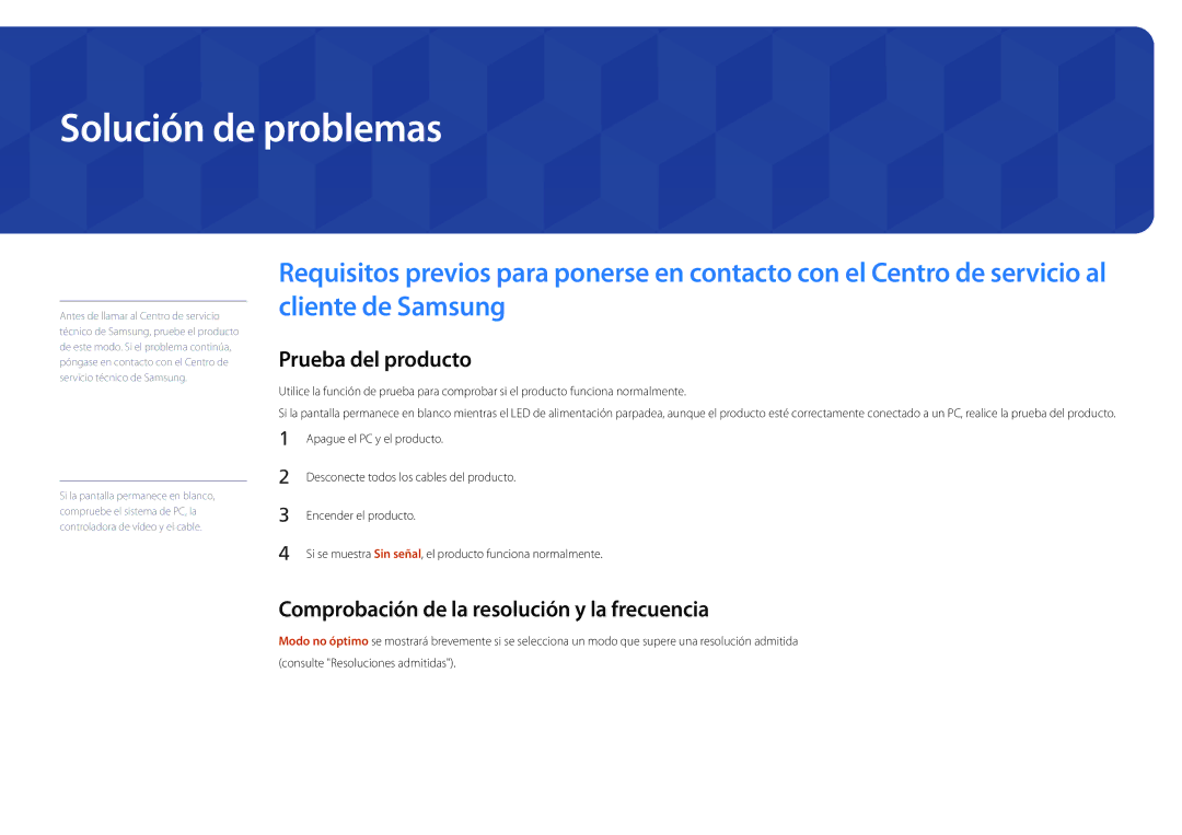 Samsung LH22DBDPLGC/EN manual Solución de problemas, Prueba del producto, Comprobación de la resolución y la frecuencia 