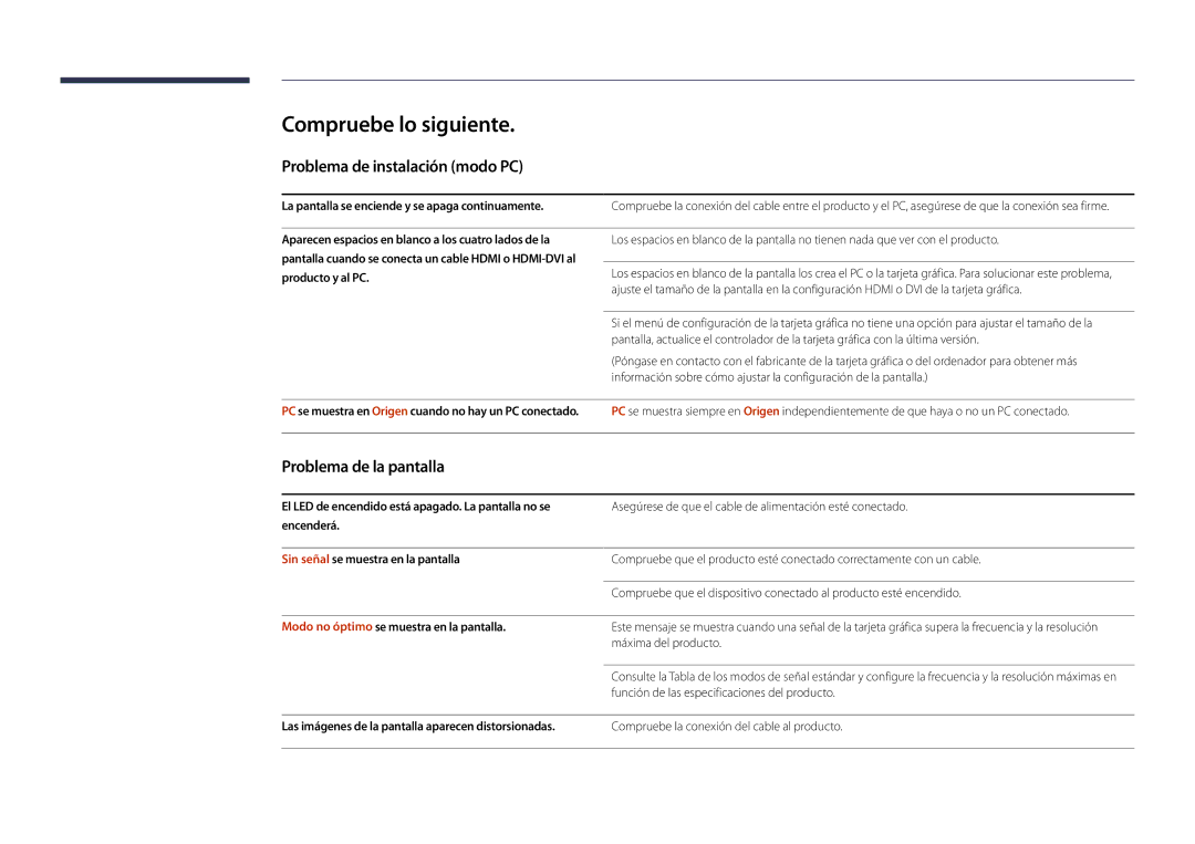 Samsung LH22DBDPLGC/EN manual Compruebe lo siguiente, Problema de instalación modo PC, Problema de la pantalla 