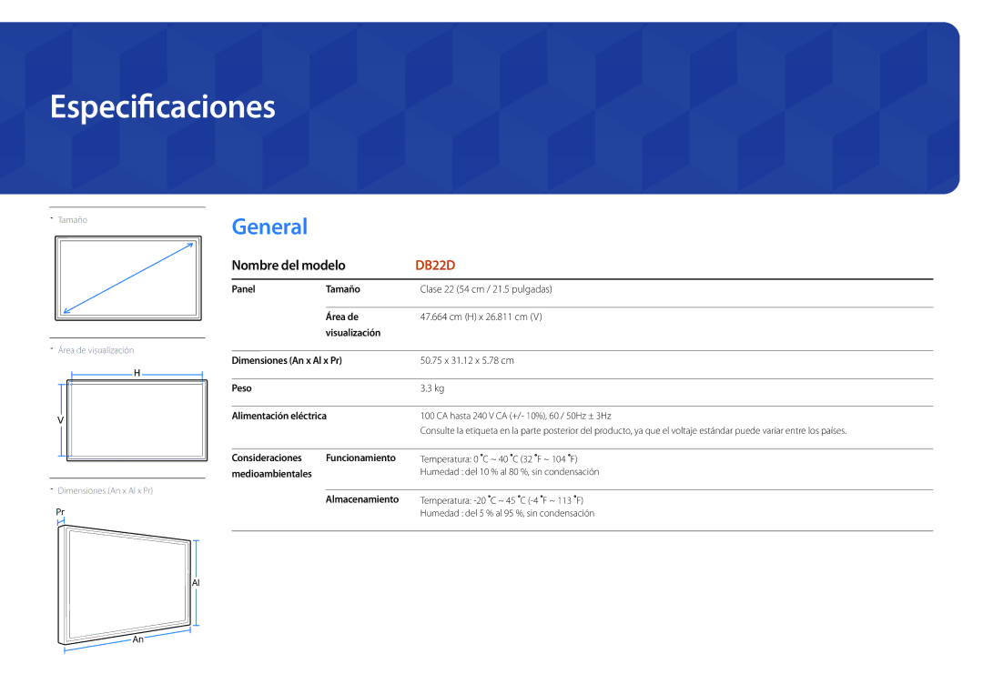 Samsung LH22DBDPLGC/EN manual Especificaciones, Nombre del modelo, Consideraciones Funcionamiento, Medioambientales 