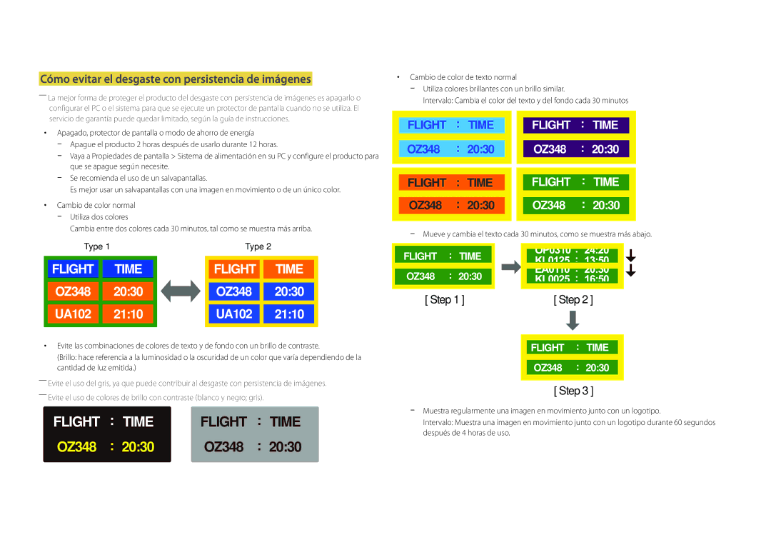 Samsung LH22DBDPLGC/EN manual Flight Time, Cómo evitar el desgaste con persistencia de imágenes 