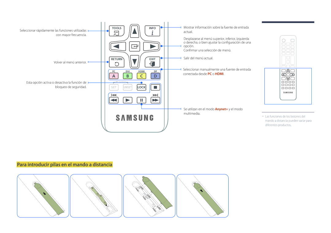 Samsung LH22DBDPLGC/EN manual Para introducir pilas en el mando a distancia, Volver al menú anterior 