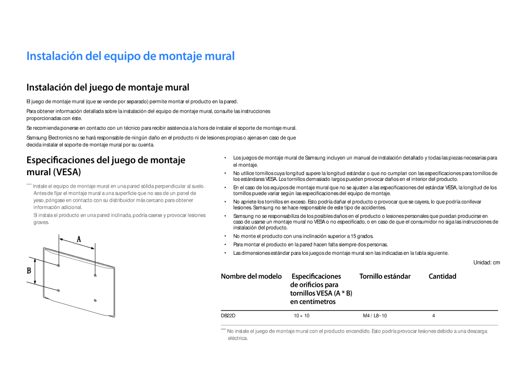 Samsung LH22DBDPLGC/EN manual Instalación del equipo de montaje mural, Instalación del juego de montaje mural, Mural Vesa 