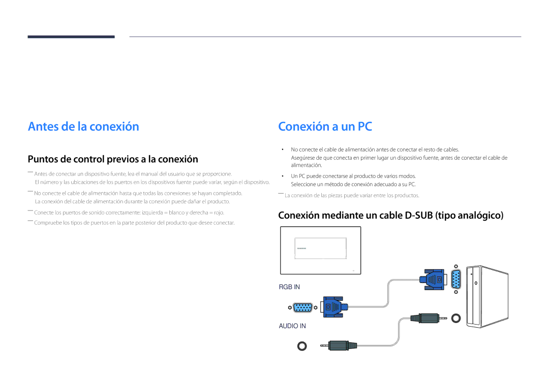 Samsung LH22DBDPLGC/EN manual Conexión y uso de un dispositivo fuente, Antes de la conexión 