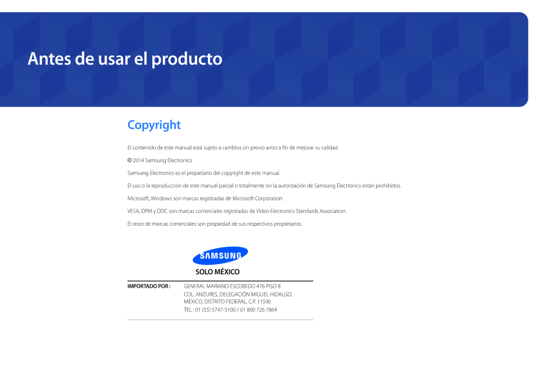 Samsung LH22DBDPLGC/EN manual Antes de usar el producto, Copyright, TEL 01 55 5747-5100 / 01 800 726 