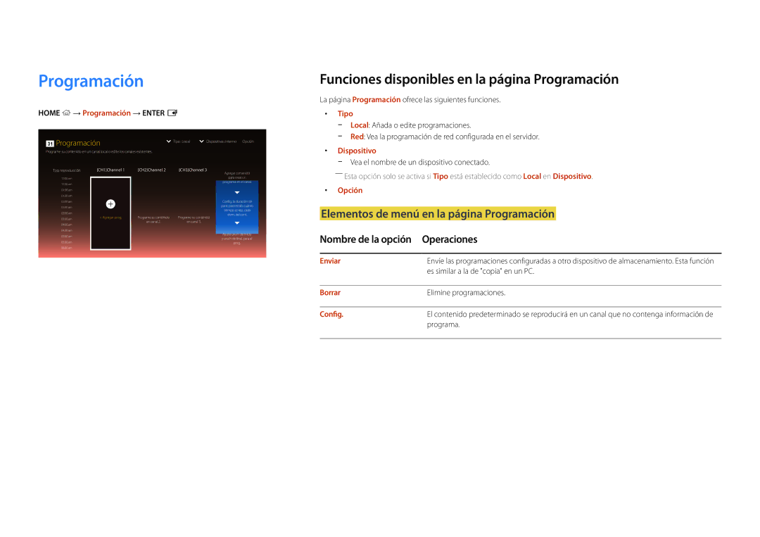 Samsung LH22DBDPLGC/EN Funciones disponibles en la página Programación, Elementos de menú en la página Programación 