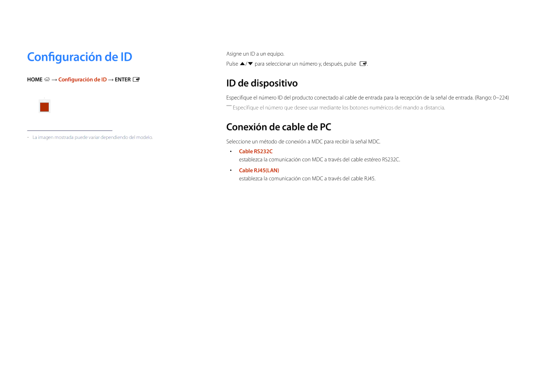 Samsung LH22DBDPLGC/EN manual Configuración de ID, ID de dispositivo, Conexión de cable de PC 