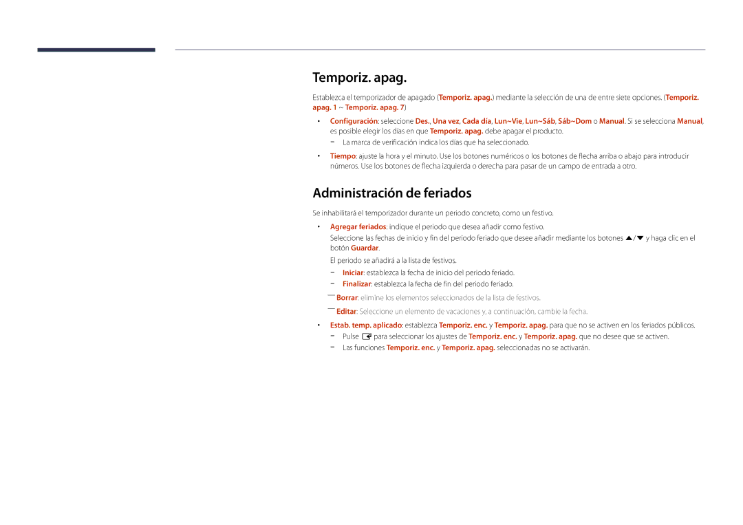 Samsung LH22DBDPLGC/EN manual Temporiz. apag, Administración de feriados 