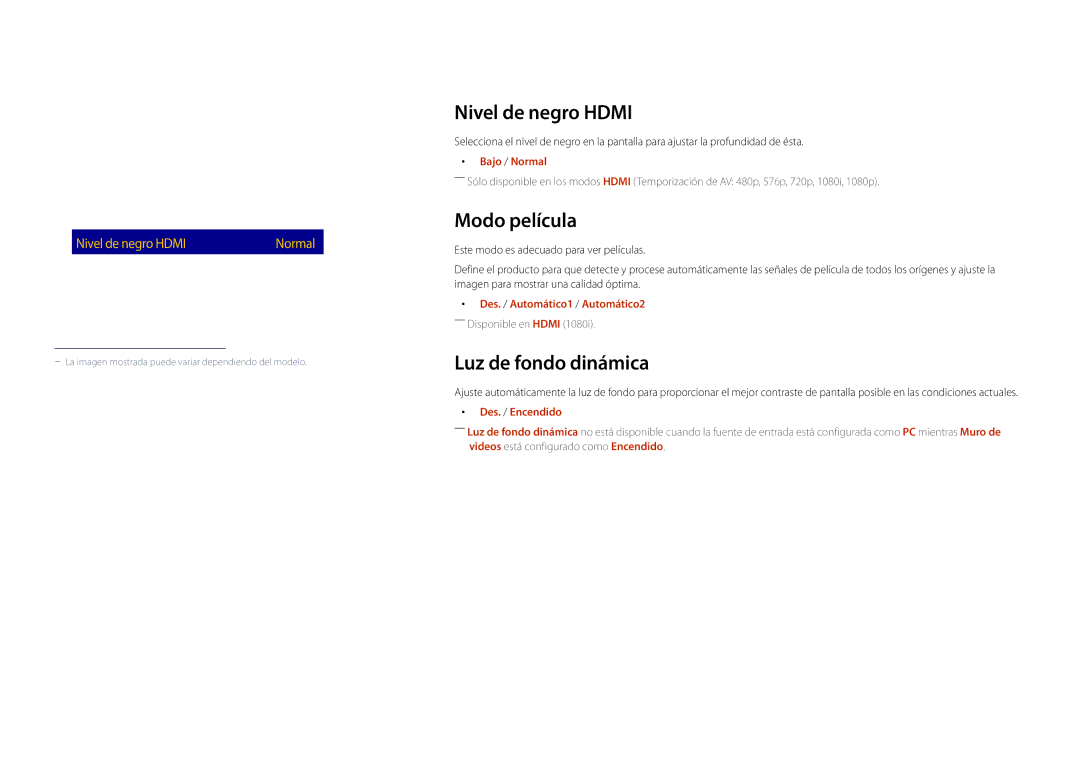 Samsung LH22DBDPLGC/EN manual Nivel de negro Hdmi, Modo película, Luz de fondo dinámica 