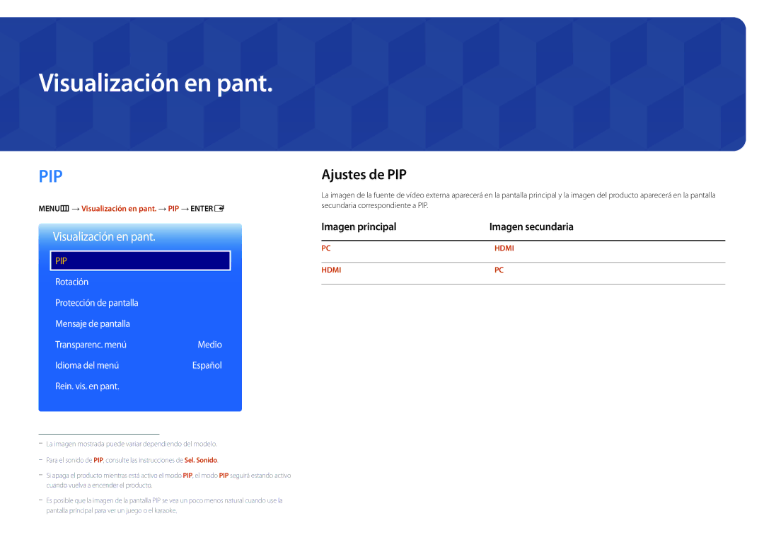 Samsung LH22DBDPLGC/EN manual Visualización en pant, Ajustes de PIP, Imagen principal Imagen secundaria, Rein. vis. en pant 