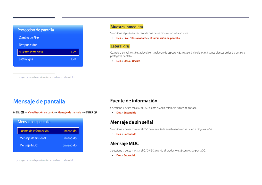Samsung LH22DBDPLGC/EN manual Mensaje de pantalla, Fuente de información, Mensaje de sin señal, Mensaje MDC 