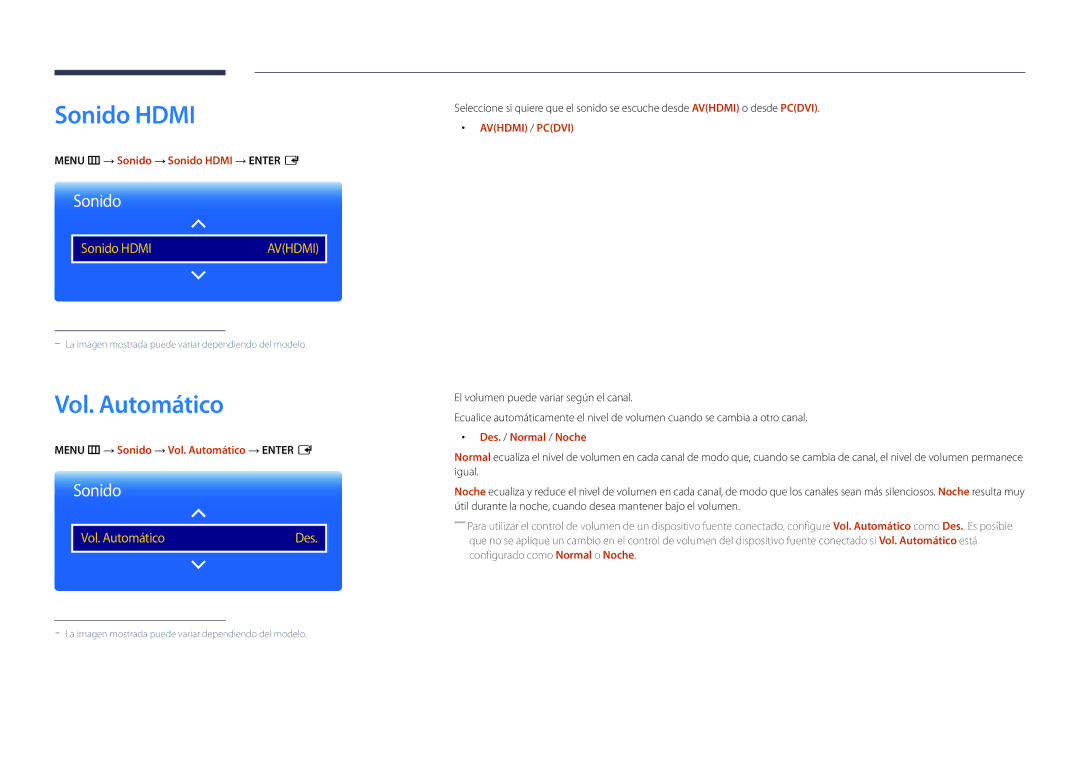 Samsung LH22DBDPLGC/EN manual Vol. Automático, Menu m → Sonido → Sonido Hdmi → Enter E, Des. / Normal / Noche 