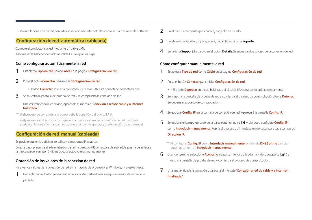 Samsung LH22DBDPLGC/EN Configuración de red automática cableada, Configuración de red manual cableada, Dirección IP 