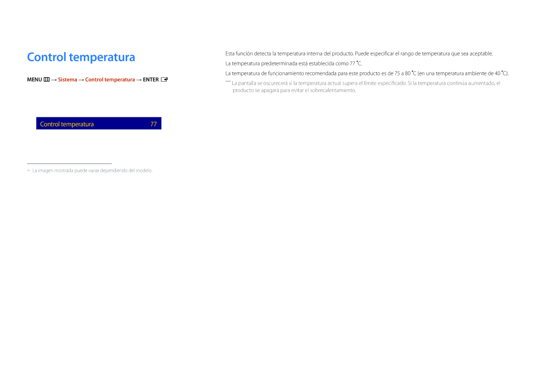 Samsung LH22DBDPLGC/EN manual Menu m → Sistema → Control temperatura → Enter E 