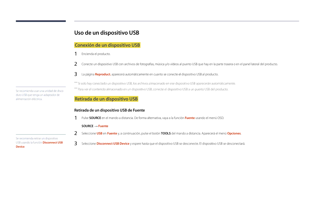 Samsung LH22DBDPLGC/EN manual Uso de un dispositivo USB, Conexión de un dispositivo USB, Retirada de un dispositivo USB 