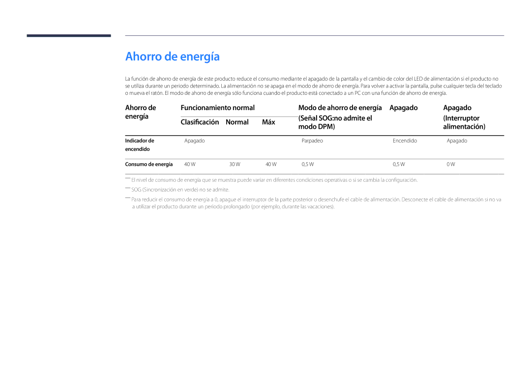 Samsung LH22DBDPLGC/EN manual Ahorro de energía, Apagado Energía Señal SOGno admite el Interruptor 