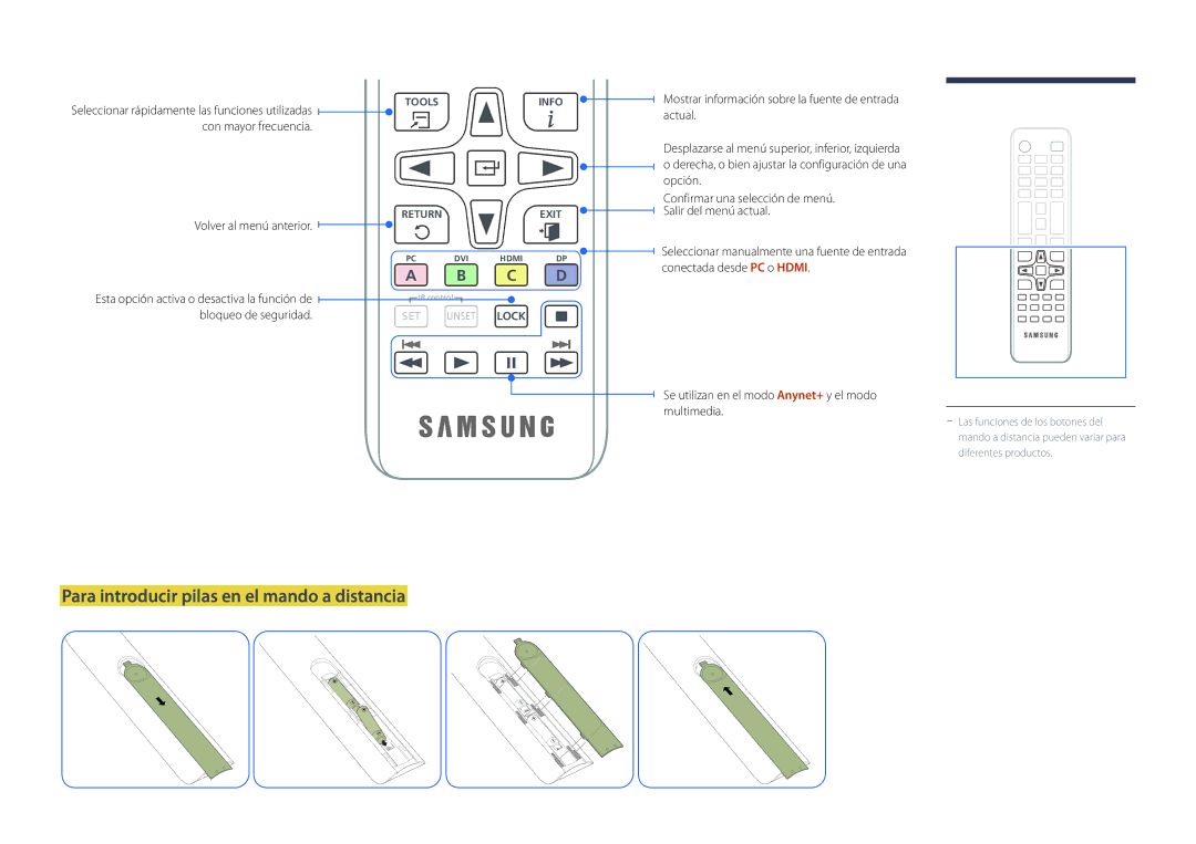 Samsung LH22DBDPLGC/EN manual Para introducir pilas en el mando a distancia, Volver al menú anterior 