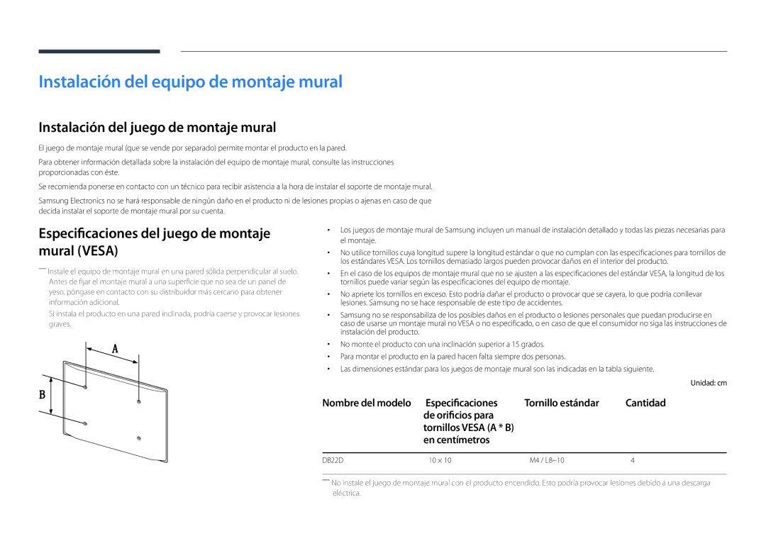 Samsung LH22DBDPLGC/EN manual Instalación del equipo de montaje mural, Instalación del juego de montaje mural, Mural Vesa 