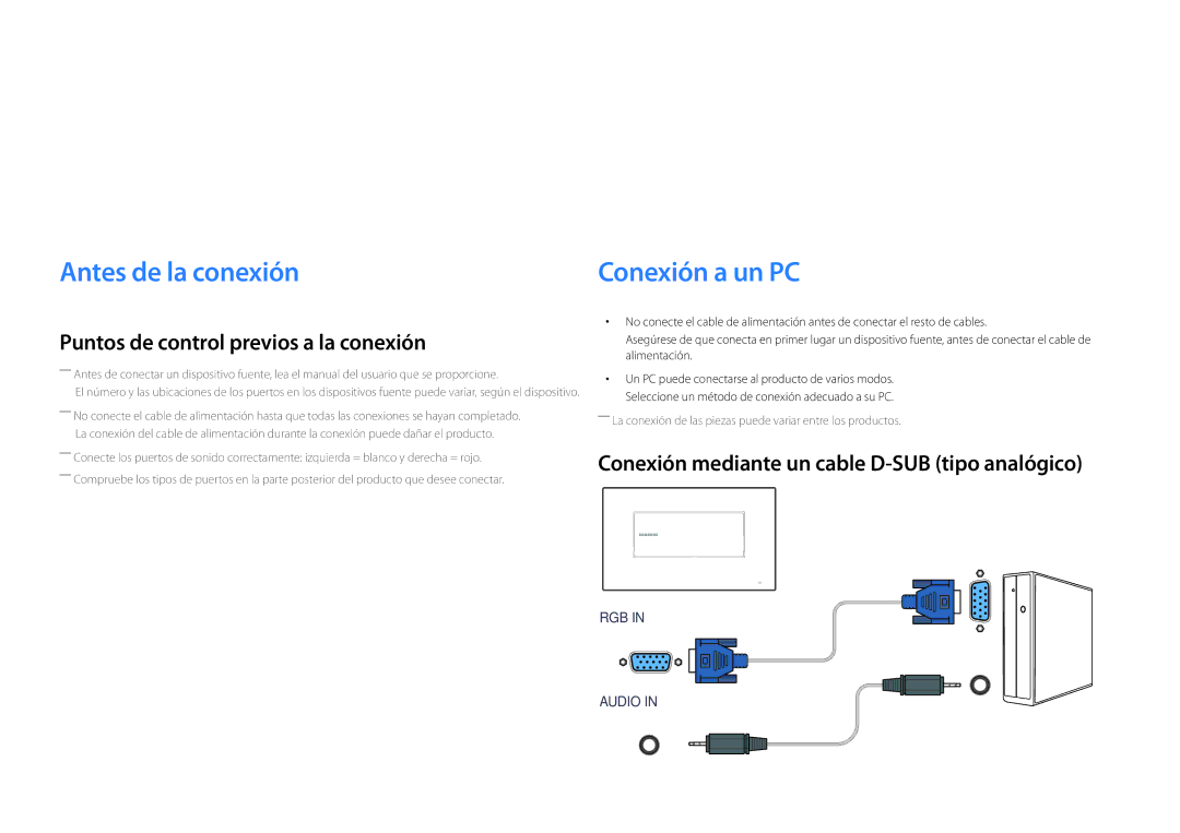 Samsung LH22DBDPLGC/EN manual Conexión y uso de un dispositivo fuente, Antes de la conexión 