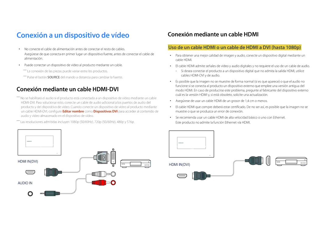 Samsung LH22DBDPLGC/EN Conexión a un dispositivo de vídeo, Conexión mediante un cable Hdmi, Cables HDMI-DVI y de audio 