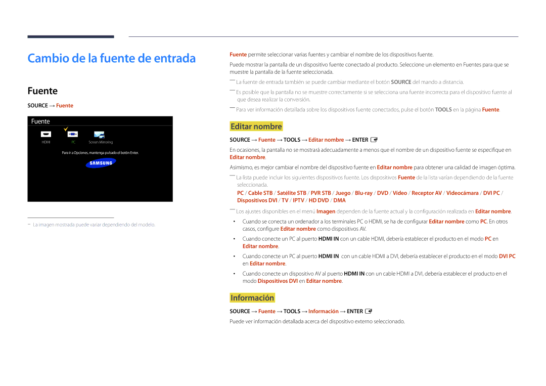 Samsung LH22DBDPLGC/EN manual Cambio de la fuente de entrada, Fuente, Editar nombre, Información 