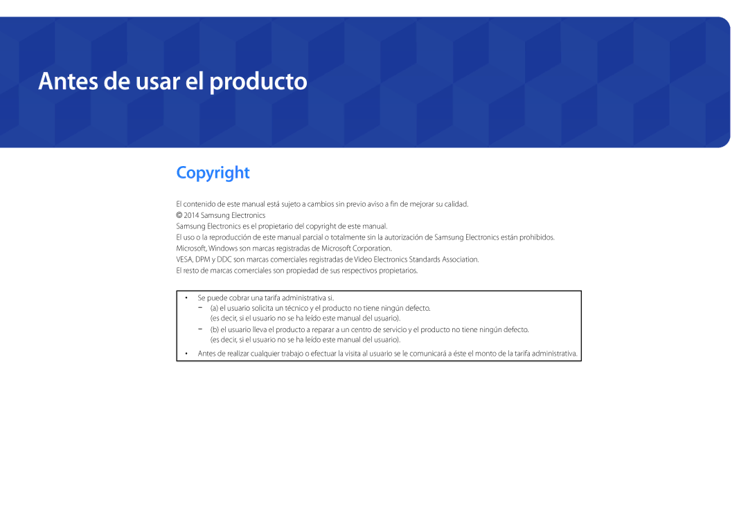 Samsung LH22DBDPLGC/EN manual Antes de usar el producto, Copyright, Se puede cobrar una tarifa administrativa si 