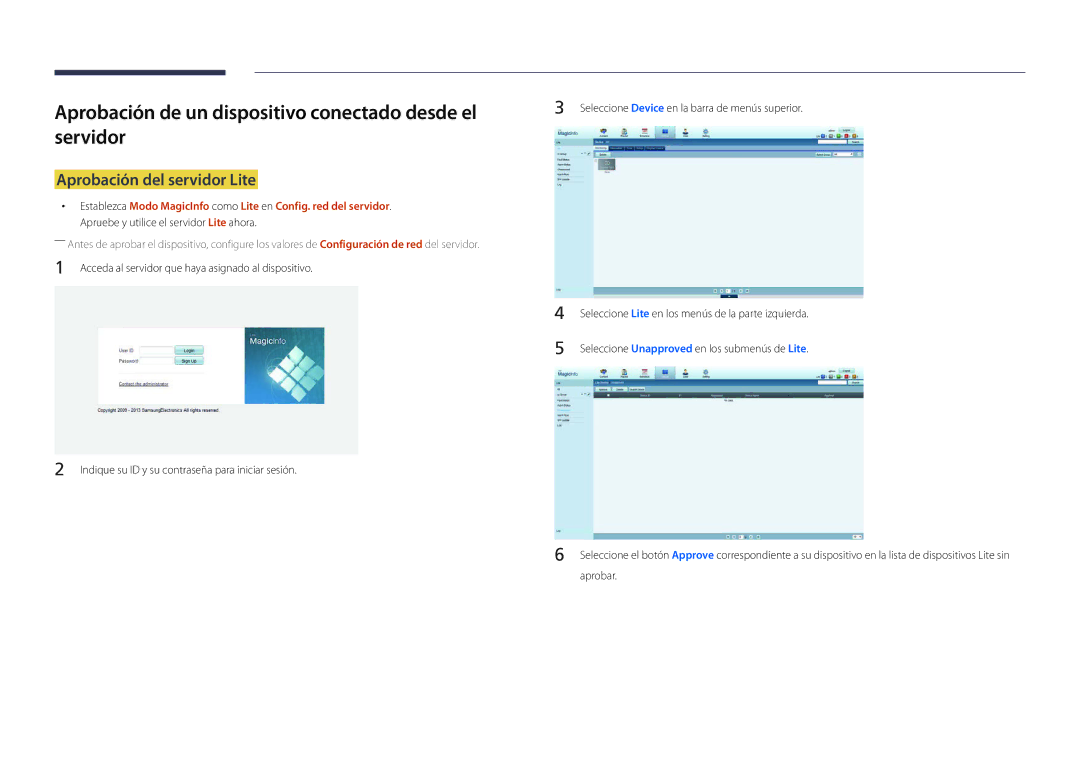 Samsung LH22DBDPLGC/EN manual Aprobación de un dispositivo conectado desde el servidor, Aprobación del servidor Lite 