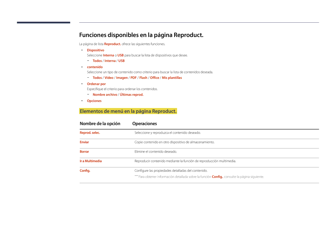 Samsung LH22DBDPLGC/EN manual Funciones disponibles en la página Reproduct, Elementos de menú en la página Reproduct 